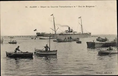Ak Algier Alger Algerien, Depart du Courrier Transatlantique le Duc de Bragance, French Line