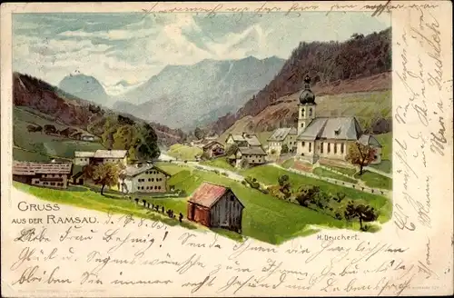 Künstler Litho Deuchert, H., Ramsau Reichertsheim Oberbayern, Blick auf den Ort