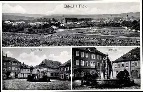 Ak Eisfeld in Thüringen, Panorama, Marktplatz, Rathaus, Brunnen