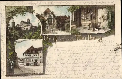 Litho Lutherstadt Eisenach in Thüringen, Wartburg, Luther Haus, Burghof