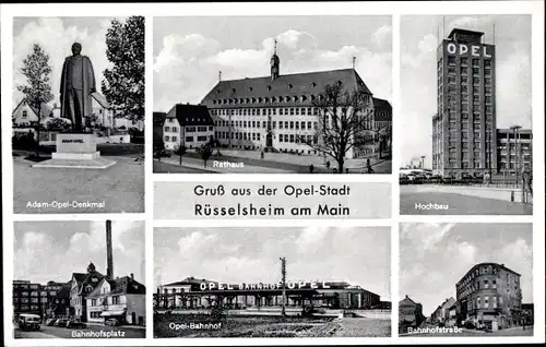 Ak Rüsselsheim am Main Hessen, Hochbau, Adam-Opel-Denkmal, Rathaus, Bahnhof, Bahnhofsplatz
