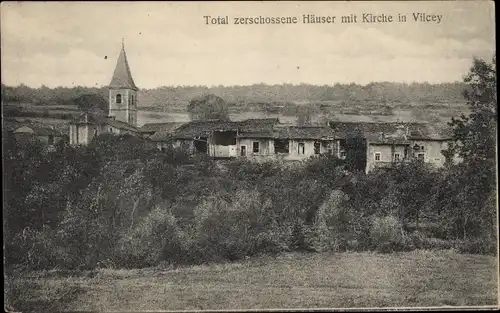 Ak Vilcey Meurthe et Moselle, Total zerschossene Häuser mit Kirche, I. WK