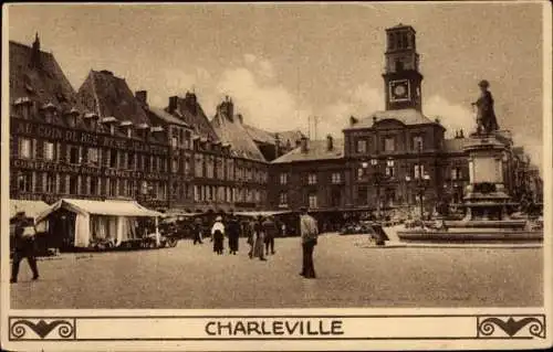 Ak Charleville Mézières, Marktplatz, Marktstände, Statue, Rathaus