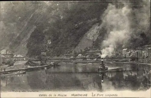 Ak Monthermé Ardennes, le Pont suspendu, Damfpschiff, vallée de la Meuse