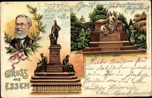 Litho Essen im Ruhrgebiet, Alfred Krupp Denkmal, Portrait, Grabdenkmal