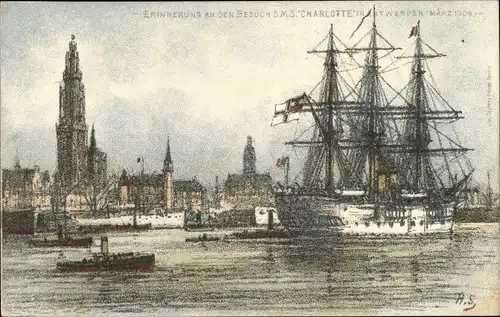 Künstler Ak Antwerpen, Deutsches Kriegsschiff, SMS Charlotte, Kreuzerfregatte