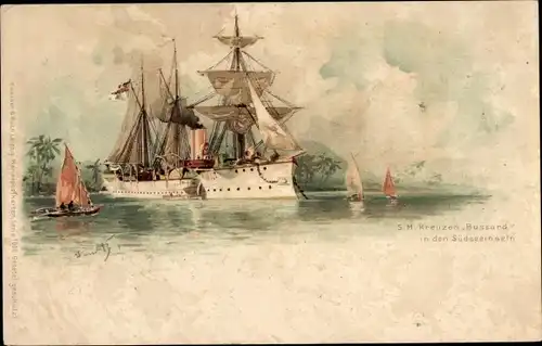 Künstler Litho Bohrdt, Hans, Deutsches Kriegsschiff, SMS Bussard, Kreuzer, Südseeinseln