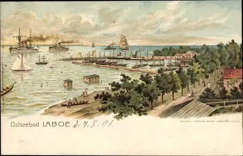 Litho Ostseebad Laboe, Panorama vom Ort, Deutsche Kriegsschiffe, Panzerschiffe