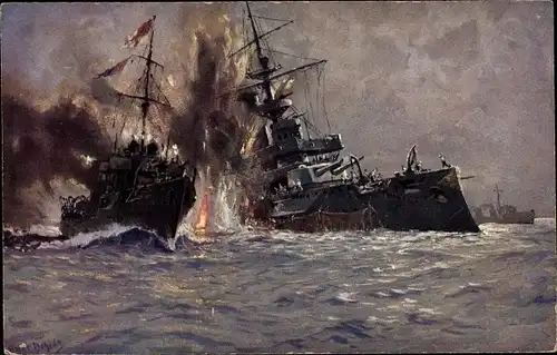 Künstler Ak Bohrdt, Hans, Britisches Kriegsschiff, HMS Triumph, Vernichtung durch SMS U 21