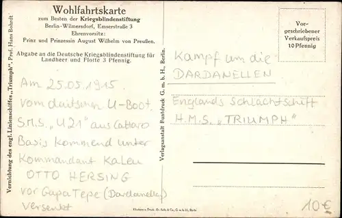 Künstler Ak Bohrdt, Hans, Britisches Kriegsschiff, HMS Triumph, Vernichtung durch SMS U 21