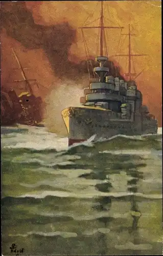 Künstler Ak Adolf, G., Deutsches Kriegsschiff, SMS Emden, russischer Kreuzer Schemtschug