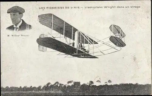 Ak Les Pionniers de l'Air, L'Aéroplane Wright dans un virage, Wilbur Wright