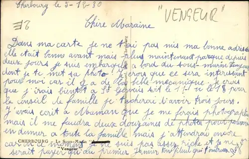 Ak Französisches Kriegsschiff, U-Boot Vengeur