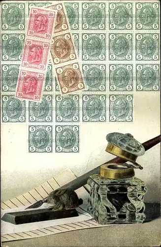 Briefmarken Ak Schreibetui, Füller, Tintenglas, Briefmarkenstreifen