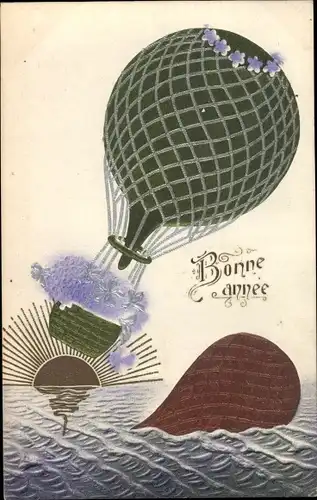 Präge Litho Glückwunsch Neujahr, Ballon, Sonnenaufgang