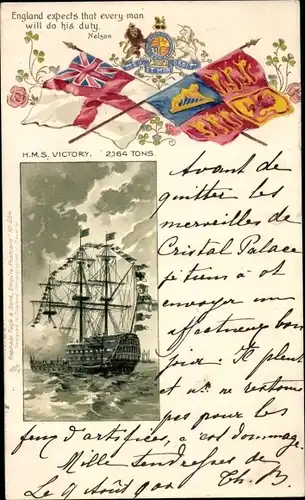 Litho Britisches Kriegsschiff, HMS Victory, Flaggschiff von Nelson, Fahnen