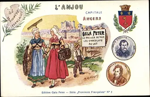 Wappen Künstler Ak Angers, L'Anjou, Trachten, Reklame Gala Peter, Chevreul, David d'Angers