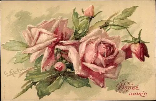 Künstler Präge Ak Klein, Catharina, Glückwunsch Neujahr, Pinke Rosen