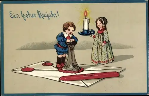 Präge Litho Glückwunsch Neujahr, Junge versiegelt einen Brief, Siegelwachs, Mädchen mit Kerze