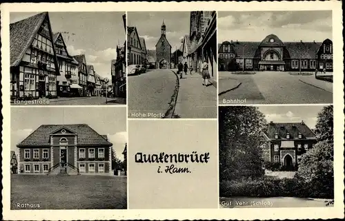 Ak Quakenbrück in Niedersachsen, Langestraße, Hohe Pforte, Bahnhof Straßenseite, Rathaus, Gut Vehr