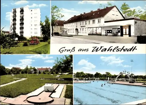 Ak Wahlstedt Kreis Segeberg, Minigolfanlage, Schwimmbad, Geschäft, Hochhaus