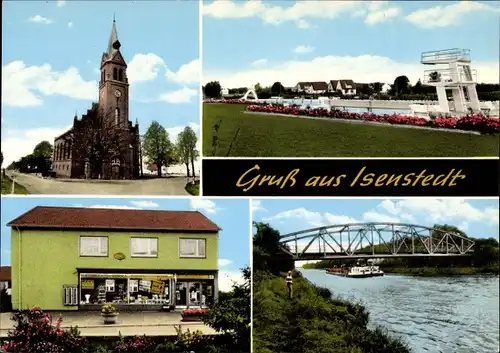 Ak Isenstedt Espelkamp in Ostwestfalen Lippe, Kirche, Schwimmbad, Geschäft, Brücke