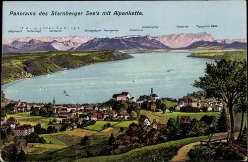 Litho Starnberg in Oberbayern, Panorama, Alpenkette