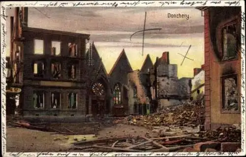 Ak Donchery Ardennes, Ruinen, zerstörte Häuser, I. WK