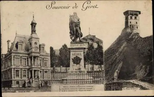Ak Givet Ardennes, Statue Méhul, Hôtel de Ville, Tour, Grégoire