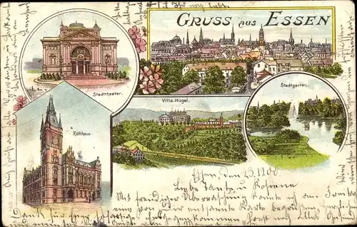 Litho Essen im Ruhrgebiet, Stadttheater, Rathaus, Villa Hügel, Stadtgarten