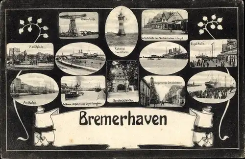 Ak Bremerhaven, Leuchtturm, Kran, Markt, Hafenpartie, Speckenbütteltor, Schleuse, Rathaus