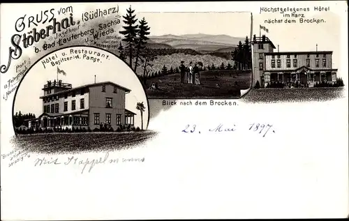 Litho Wieda Walkenried im Harz, Stöberhai, Jagdkopf, Hotel und Restaurant, Blick zum Brocken