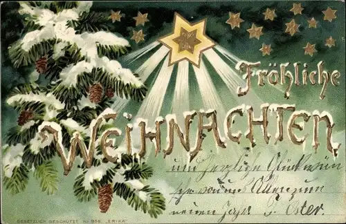 Präge Litho Glückwunsch Weihnachten, Sterne, Tannenzweig, Schnee