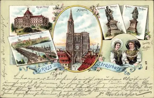 Litho Strasbourg Straßburg Elsass Bas Rhin, Landestrachten, Kleber Denkmal, Münster, Kaiserpalast