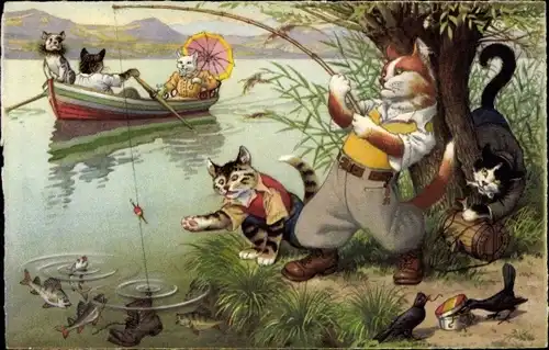 Ak Vermenschlichte Katzen beim Angeln und Rudern