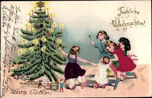 Präge Ak Glückwunsch Weihnachten, Tanzende Kinder, Tannenbaum