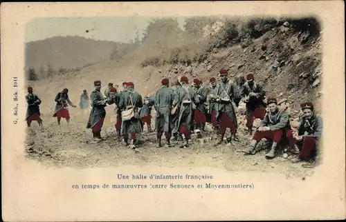 Ak Senones Lothringen Vosges, Une halte d'infanterie francaise en temps de manoeuvres