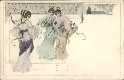 Jugendstil Ak Drei Frauen mit Musikinstrumenten