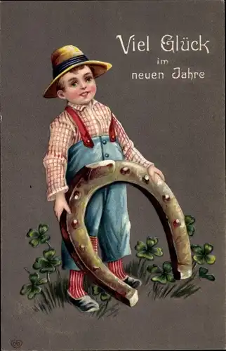 Ak Glückwunsch Neujahr, Junge mit Hufeisen, Kleeblätter