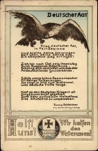 Gedicht Künstler Ak Fischer, A., Deutscher Aar, F. Schleicher, Helft uns, Wir helfen den Veteranen
