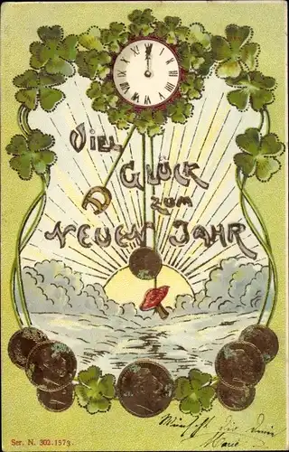 Präge Litho Glückwunsch Neujahr, Uhr, Kleeblätter, Münzen, Sonnenaufgang