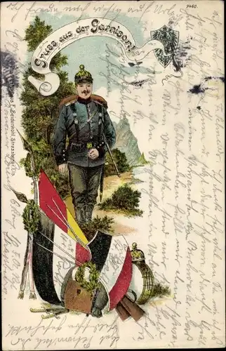 Litho Gruß aus der Garnison, deutscher Soldat in Uniform, Fahnen, Wappen