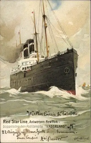 Künstler Litho Red Star Line, Antwerpen New York, Dampfer Vaderland
