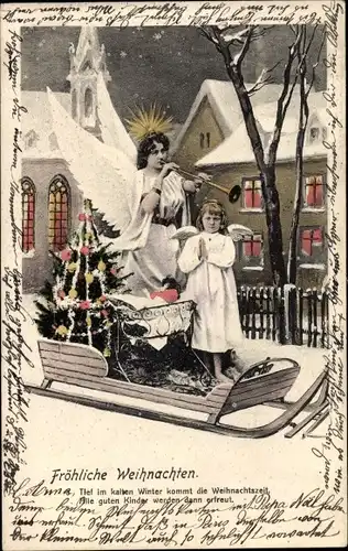 Ak Glückwunsch Weihnachten, Engel auf einem Schlitten, Tannenbaum, Fanfare