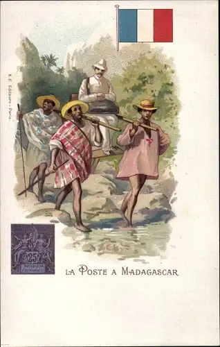 Briefmarken Litho Madagaskar, La Poste a Madagascar, Postbote wird getragen
