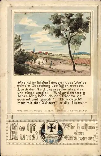 Gedicht Künstler Ak Fischer, Wir sind im tiefsten Frieden, Helft uns, Wir helfen den Veteranen