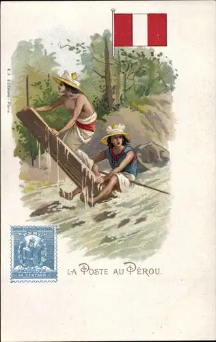 Briefmarken Litho Peru, La Poste au Perou, Fluss, Floß