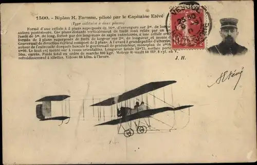 Ak Biplan H. Farman, pilote par le Capitaine Eteve, Doppeldecker, Pilot