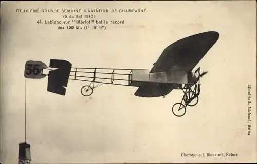 Ak Deuxieme Grande Semaine d'Aviation de Champagne 1910, Leblanc sur Bleriot