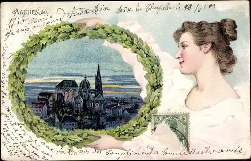 Litho Aachen in Nordrhein Westfalen, Dom bei Nacht, Frauen Seitenportrait